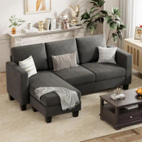 Convertible sectional sofa 3-seater L-shaped sofa in linen fabric, movable ottoman for small apartments living rooms and offices