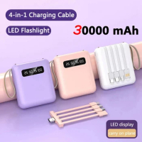 Mini 30000mAh 4-in-1 Power Bank Fast Charging With 4 Cable Mobile External Portable Battery Charger For iPhone Samsung Xiaomi