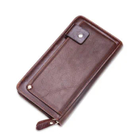 Man's Clutch Quality Cowhide Mens Wallet Leather Genuine Long Purses Business Large Capacity Double Zipper Phone Wallet Portomon