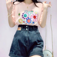 【BBHONEY】韓風花朵亮片造型棉T短袖T恤上衣(網美必備款)