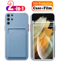 2-in-1 Card Pocket Camera Cover Case For Samsung Galaxy S21 Ultra S20 FE S 21 Plus 5G Note 20 Ultra Soft TPU Shell + Front Film