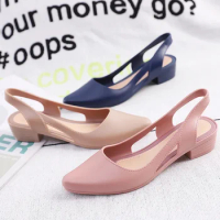 Jelly Sandals Women Pointed Toe Chunky Med High Heels Flip Flops Slingback Casual Candy Skidproof Beach Shoes For Women