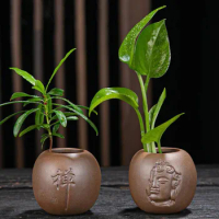 Mini Porcelain Vase Chinese Style Chan Buddha Purple Clay Flower Arrangement Vase Hydroponics Planter Container Desktop Ornament