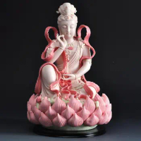 12" Chinese Dehua Colored Porcelain Lianhua Kwan-yin Guanyin Buddha Lotus Statue