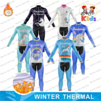 Winter Thermal Retro Kids Cycling Jersey Set Powered by Unicorn Cycling Clothing for Boys and Girls Fleece Bicycling Clothing