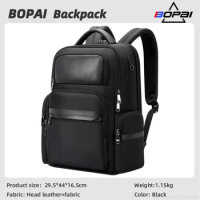 BOPAI Men's Business Leather Backpack 15.6 inch Laptop Backpack USB charging Large capacity Travel Bag Natural Cowhide Backpack