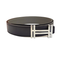 HERMES 經典雙H銀色 LOGO雙面兩穿小牛皮腰帶/皮帶(黑色/大象灰)(95CM)
