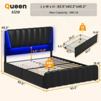 Queen Bed Frame, Headboard and 4 Storage Drawer with Led Light &amp; 2 USB Ports, Wooden Slats Support, Queen Bed