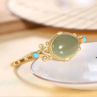 Natural green jade bangle bracelet with gold 925 sterling silver handmade charm bracelet for women bangles