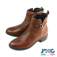【IMAC】義大利橫帶扣環側拉鍊粗跟皮靴 棕色(455300-COG)