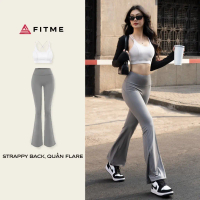 TOP Bộ đồ tập gym yoga Fitme áo bra Strappy Back Light Grey, Quần legging dài ống loe Flare Dark Gre