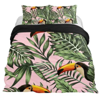 Tropical Leaves and Parrot Birds 3 Piece Bedding Set with Soft Duvet Cover and 2 Pillow Shams Printed Decoration for All Seasons