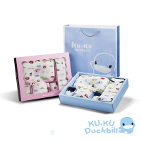 【KU.KU. 酷咕鴨】動物派對懶人包巾彌月禮盒10件組(藍/粉)