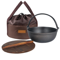 Cast Iron Outdoor Camping Hanging Stove Pot With Wooden Lid Multi-functional Stew Soup Cast Iron Non-stick Pot Storage Bags