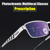 Prescription Glasses MultiFocal Progressive Reading Glasses Men Photochromic Anti Blue Metal Half Frame Customizable