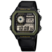 CASIO 卡西歐 軍事風 防水 電子液晶 帆布手錶 軍綠色x黑 AE-1200WHB-1B 40mm