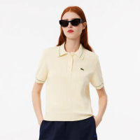 【LACOSTE】女裝-法國製羅紋棉質短袖Polo針織衫(米白色)