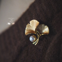 織紋絲帶結手工拉絲vintage文藝復興復古銀杏葉天然珍珠包金胸針