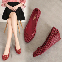 pointed toe hollow out jelly wedges shoes women weaved pvc med-high heels summer shoes waterproof cutout jelly pumps for women