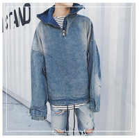 FINDSENSE Z1 韓國 時尚 潮 男 藍色 高領 拉鏈 套頭 寬鬆 短款 牛仔外套 夾克 上衣