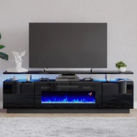 Fireplace TV Stand with 36" Fireplace, 70" Modern High Gloss Entertainment Center LED Lights, 2 Tier TV Console Cabinet