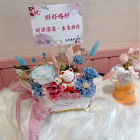 【喜滋滋花藝】開幕花禮-招財貓永生花盆花-活力粉藍(開幕誌慶/升遷/喬遷/新居賀禮/開幕盆栽 祝賀首選)