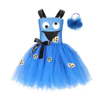 Halloween Cookie Monster Costume For Girl Lace TUTU Dress Festive Kid Up Sling Bow Tunic+Headband 2PC Set Child Frock Cloth