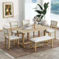 Rustic Dining Set for 6,Versatile Dining Table Set with Flower Buds Shape Legs Table,Upholstered Dining Chairs and Bench