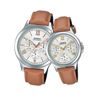 【CASIO 卡西歐】CASIO 三眼指針情侶對錶 皮革錶帶 米白色 生活防水(MTP-V300L-7A2+LTP-V300L-7A2)