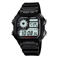 CASIO 卡西歐 電子液晶 計時碼錶 世界時間 防水100米 橡膠手錶 黑色(AE-1200WH-1A)