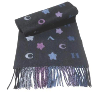 COACH 黑色款花朵/COACH字母圖案羊毛圍巾-兩面
