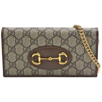 GUCCI 經典Horsebit 1955系列GG Supreme帆布馬銜扣WOC斜背包(迷你-棕色)