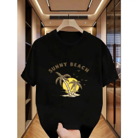 Sunny Beach Palm Tree เสื้อยืด Retro Sunset กราฟิกแขนสั้นลําลองสีดํา Tee วันหยุดฤดูร้อนแฟชั่นสําหรับ