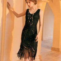 1920s Flapper Vintage Sequin Beaded Tassel Dress Great Gatsby Cocktail Party Dance Dress Banquet Host Dress