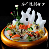 金色刺身盤壽司冠塑料冰盤圓形壽司桶刺身盤三文魚海鮮魚生盤冰板