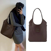 MIUMIU 品牌字母皮革LOGO小牛皮TOTE IVY購物包(巧克力棕色)