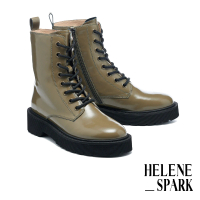 【HELENE_SPARK】帥氣中性調HS拉鍊綁帶牛油皮厚底短靴(綠)