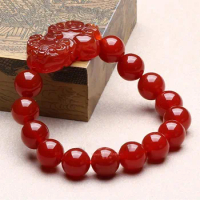 Natural Red Jade Pixiu Bracelet Pulsera Feng Shui Men Women Healing Jewelry Carnelian Bead Elastic Beaded Lucky Amulet Bracelets