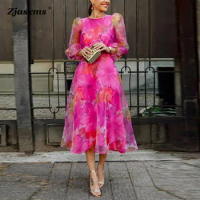 Autumn Women Evening Dress Elegant Female Casual Gauze Floral Printed Dress Spring Lady O Neck 3/4 Puff Sleeve Swing Party Dress