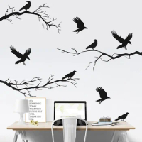 Black Crows And Winter Branches Wall Decals, Halloween Decor, Crows Wall Sticker, Halloween Decals room decoration 3C76