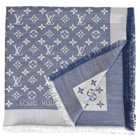 LV M71376 Monogram Denim 經典花紋羊毛絲綢披肩圍巾.藍