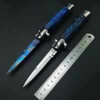 CHRISTMAS Gift Folding Knife Pocket Knife Hunting knife for Traveling Elegant Blue Titanium Resin Handle Godfather Stiletto tool