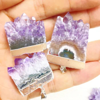 6pcs Natural Gem stone Amethyst Slice Druzys Pendant Purple Crystal Quartz Male Rough Slab Geode For DIY Jewelry Making Necklace