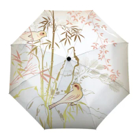 Yellow Green Bamboo Bird Tree Automatic Eight Bone Foldable Rain Umbrella Wind Rain Resistance Outdoor Bumbershoot