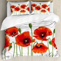 Floral Bedding Set Comforter Duvet Cover Pillow Shams Poppies of Spring Season Pastoral Flowers Bot Bedding Cover Double Bed Set