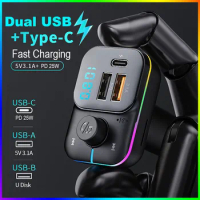 Dual USB Car Charger FM Transmitter Bluetooth Adapter PD 25W Fast Charger Type C Adapter in Car For iphone Samsung Huawei Xiaomi
