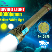 Lampu Menyelam, Puteer, DX9 PLUS, 8000lumen, XM-L2 LED, Obor LED Bawah Air, Cahaya Putih / Kuning, K