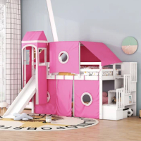 Sturdy construction &amp; Unique design bed，Spacious Under Bed Space，Twin Size Loft Bed with Tent and Tower - Pink