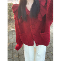 ali Áo Khoác Len Đỏ Cổ Búp Bê Phong Cách Xiaoxiang Áo Khoác Cardigan Dệt Kim Dày Dặn Thu Đông Cho Nữ