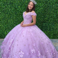 Lavender Off The Shoulder Mexican Quinceanera Dress Appliques 3DFlower Vestido De XV Anos 15 16 Birthday Party Prom Dress